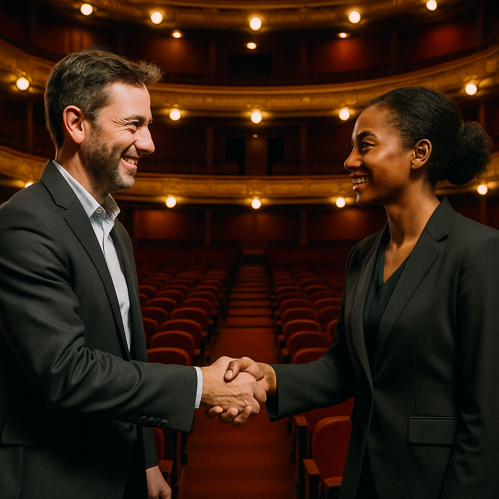 people shaking hands in a theatre setting
